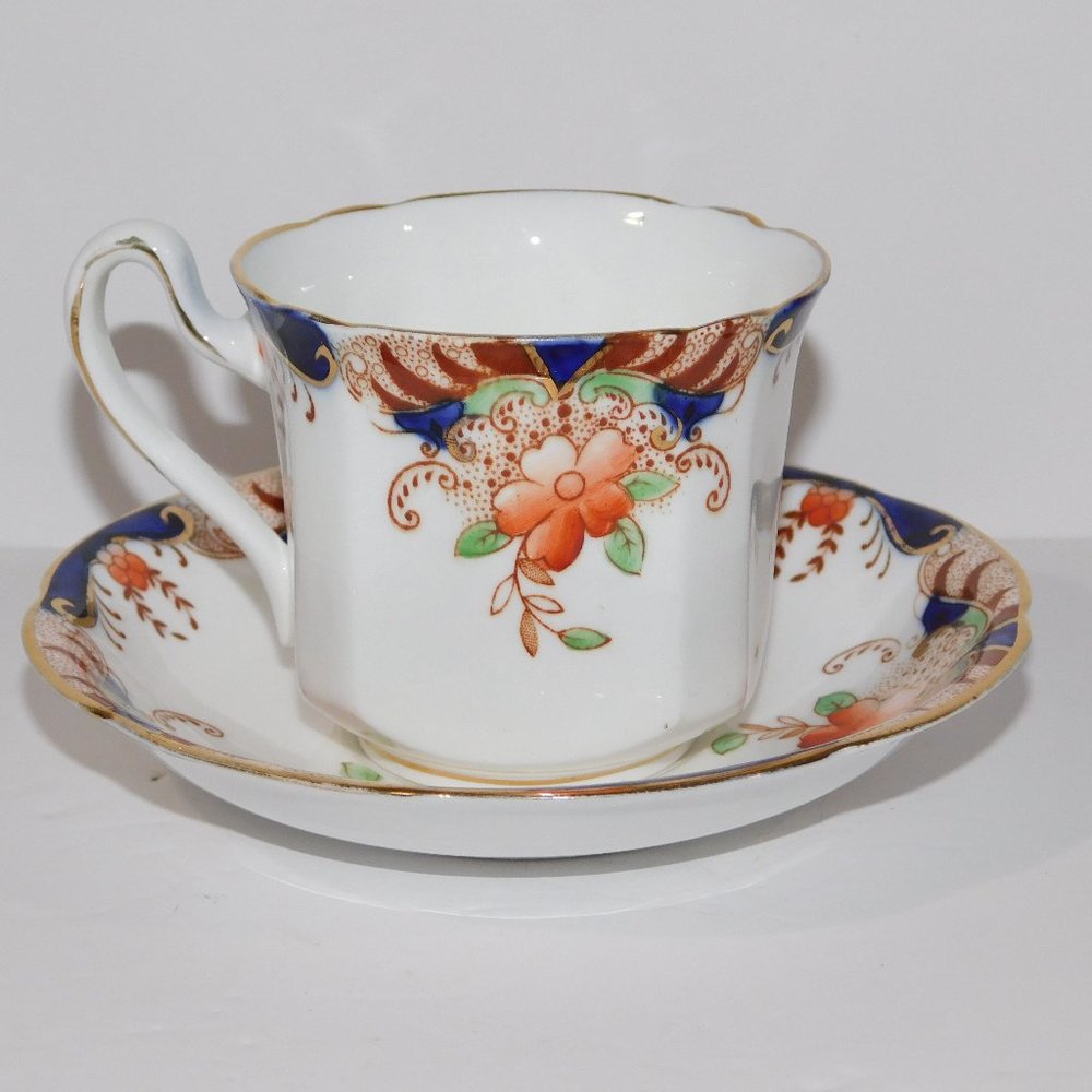 Vintage Heathcote Best Bone China England Blue Orange Floral Tea cup & Saucer